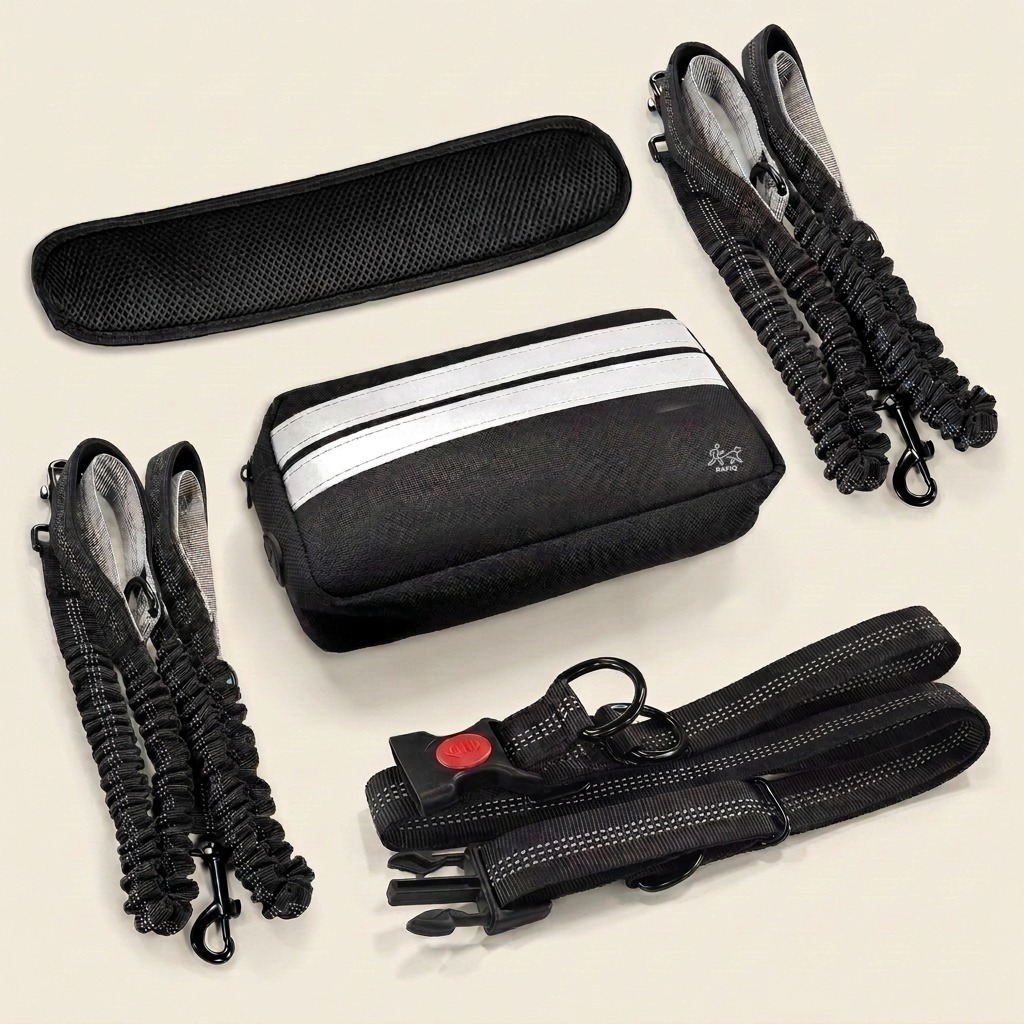 Black hands-free kit with padded belt, striped pouch, strap with red buckle and two bungee leads
