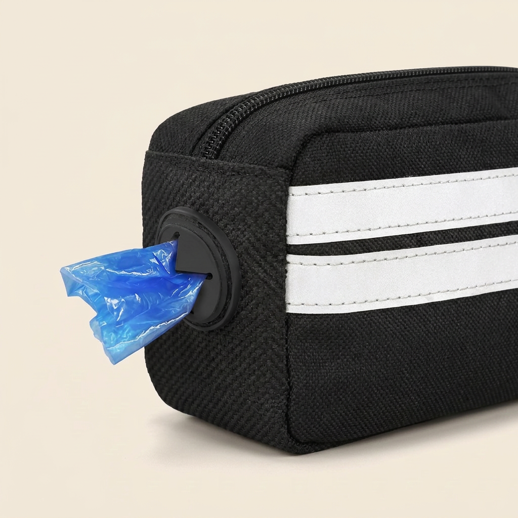 Blue waste bag coming out of the pouch dispenser