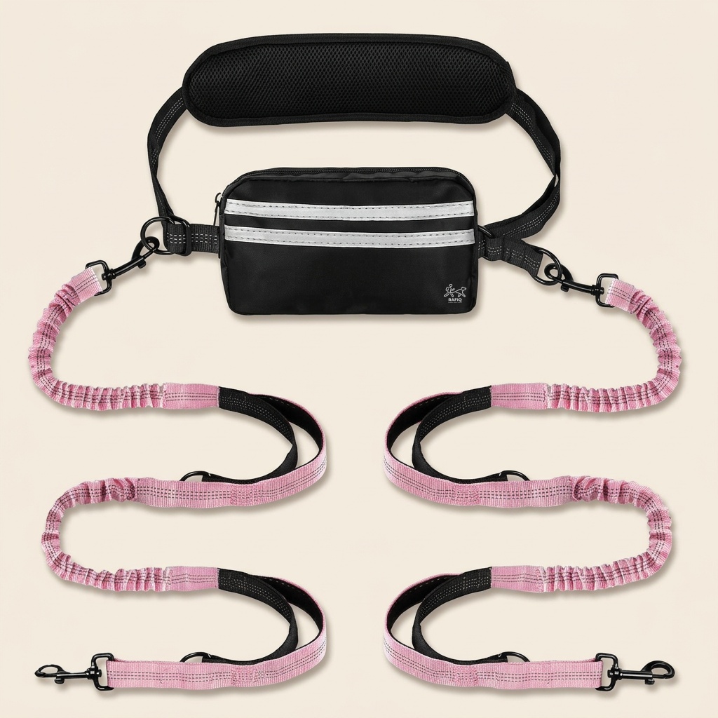 Pink double bungee leash with a black waist belt and black pouch