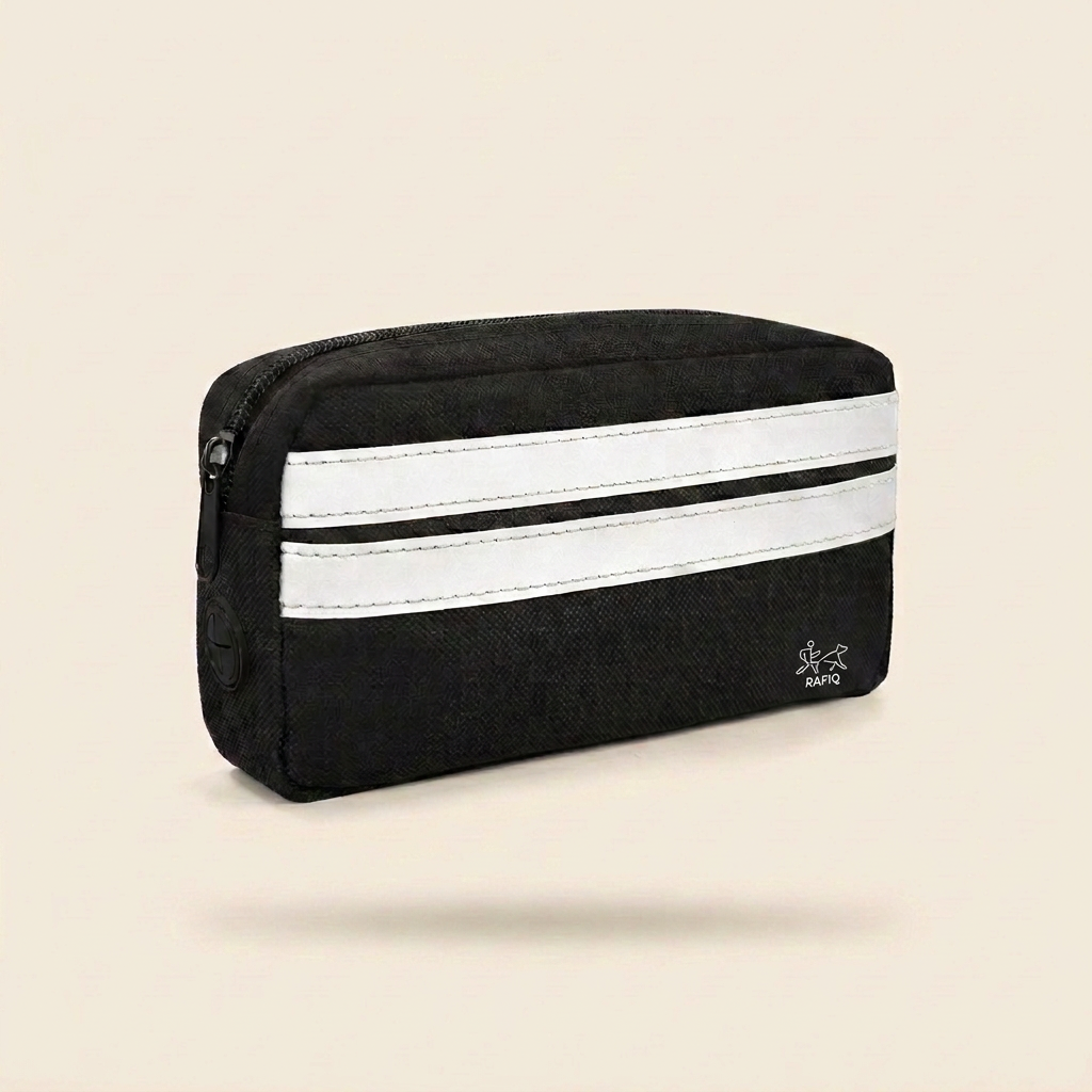 Black zippered pouch with two reflective stripes