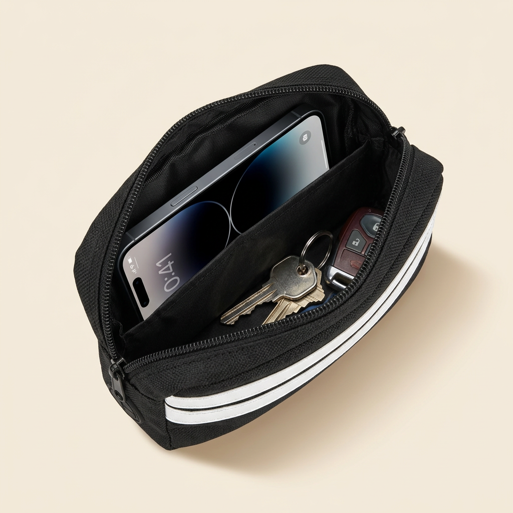 Open pouch with a phone and keys inside