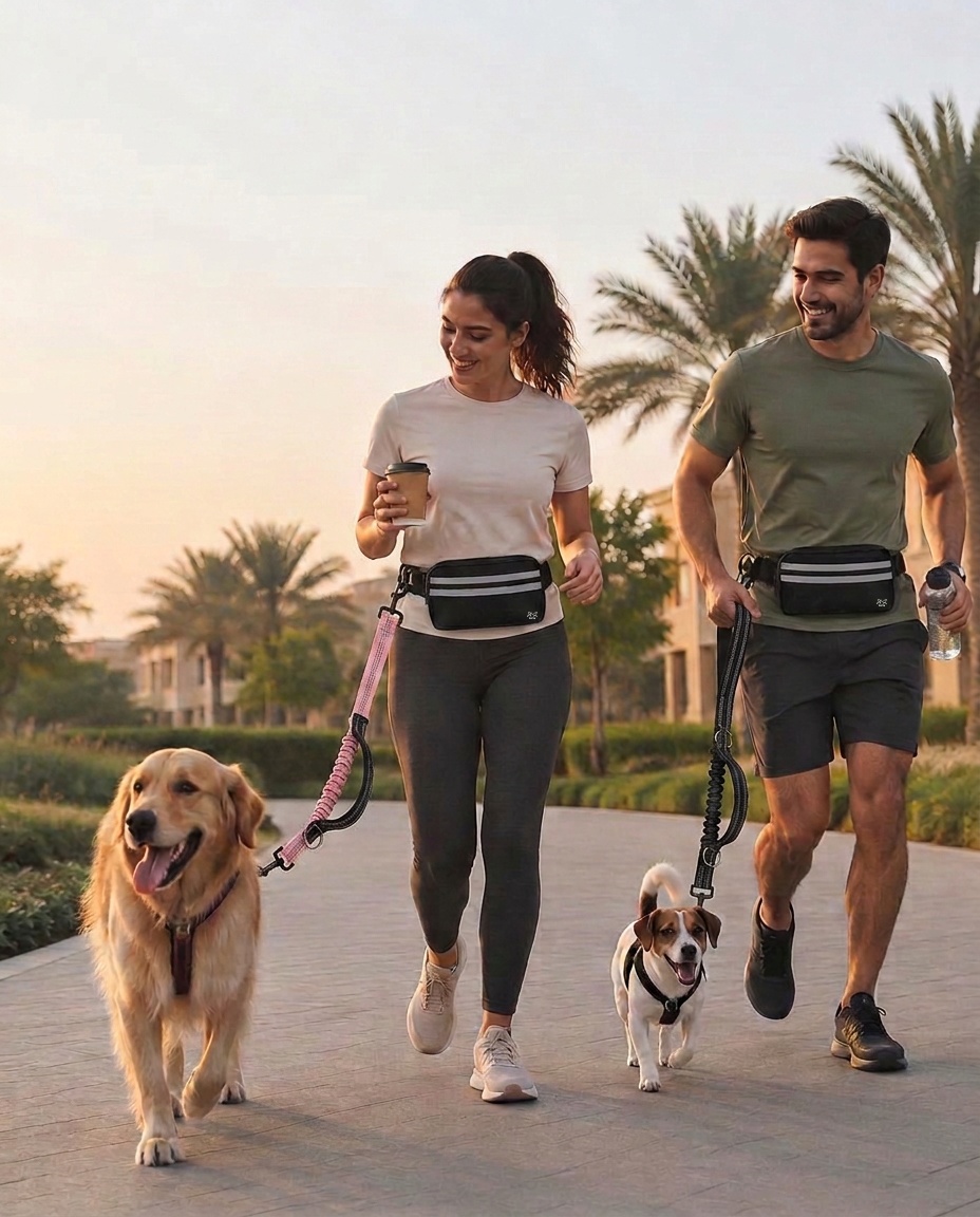 Conceptual Rafiq photograph of a smiling brunette woman holding a small latte and looking toward her dog and a smiling brown-haired man carrying a water bottle while jogging on a palm-lined community park path at sunrise with two dogs, a Golden Retriever and a Jack Russell, connected to separate hands-free waist belts: pink for the woman and black for the man
