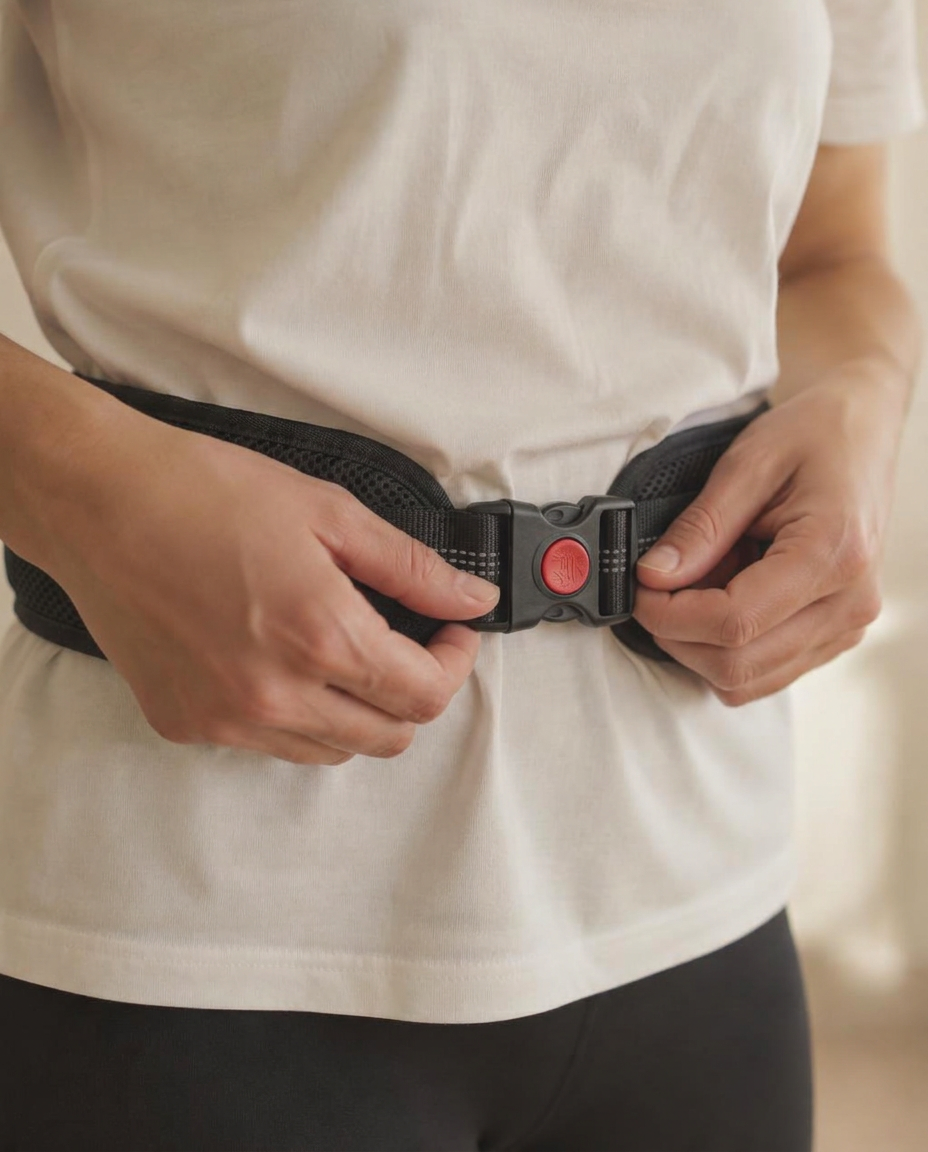 Conceptual close-up of a woman adjusting the black padded Rafiq waist belt